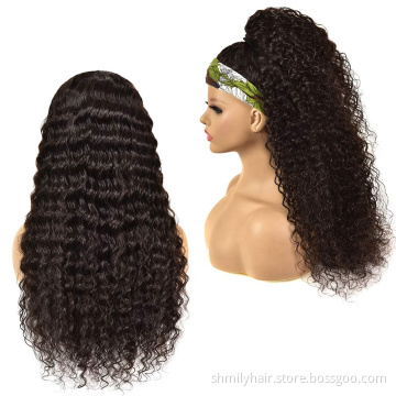 Shmily Factory Wholesale Deep Wave Headband Human Hair Wigs For Black Women Brazilian Hair Glueless Remy Curly Human Hair Wigs